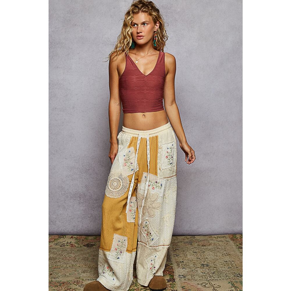 "Deacon" Patchwork Wide Leg Pants in Ivory Honey - Picture 2 of 6